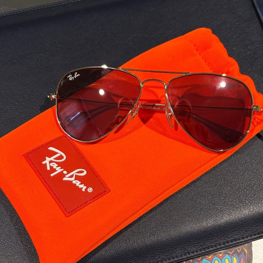 Kids Ray-Ban Aviator Sunglasses with Burgundy Lenses and Orange Case
